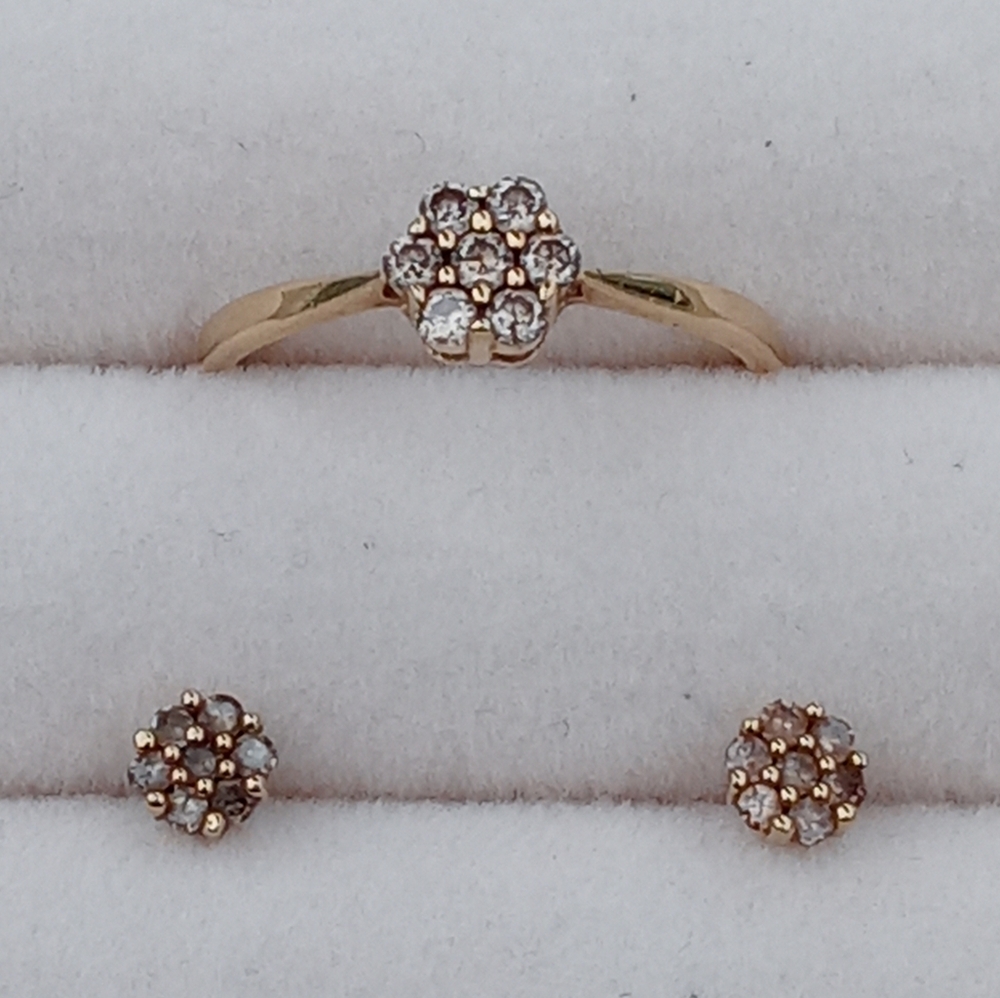 10KT Champagne Diamond Cluster Ring and Earrings Fine Jeweley